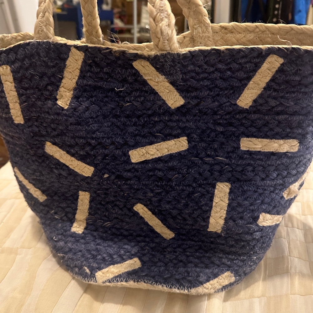 West Elm Navy and Tan Woven Tote Bag